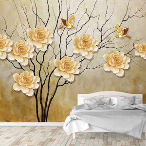 کاغذ دیواری سه بعدی شاخه درخت و گل های برجسته