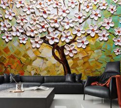 کاغذ دیواری سه بعدی درخت با شکوفه های سفید