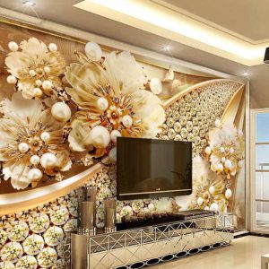 کاغذ دیواری سه بعدی گل های طلایی و نگینی