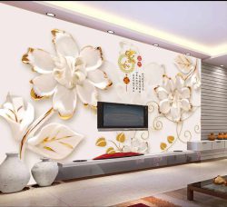 پوستر دیواری گل های سفید لب طلایی