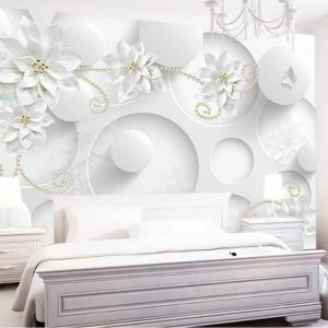 کاغذ دیواری سه بعدی گل و پروانه سفید