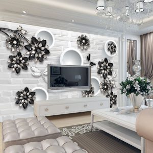 کاغذ دیواری سه بعدی گل های نگینی مشکی