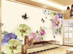 کاغذ دیواری سه بعدی گل های رنگی و پروانه