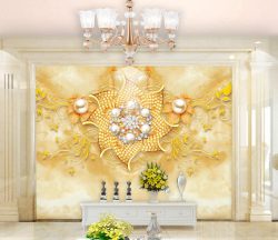 کاغذ دیواری سه بعدی تگ گل طلایی با زمینه مرمر