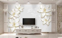 پوستر دیواری گل های سفید دور طلایی