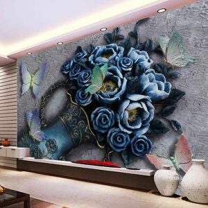 کاغذ دیواری سه بعدی گلدان و گل های ابی
