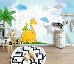 کاغذ دیواری سه بعدی طرح کودکانه حیوانات و هوای بارونی