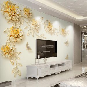 پوستر دیواری پروانه ها و گل های طلایی