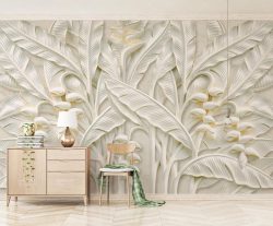 کاغذ دیواری سه بعدی شاخ و برگ های برجسته سفید