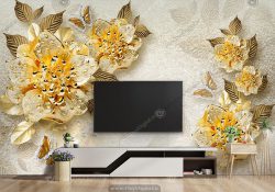 پوستر سه بعدی گل های طلایی زمینه روشن BA-1015