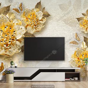 پوستر سه بعدی گل های طلایی زمینه روشن BA-1015