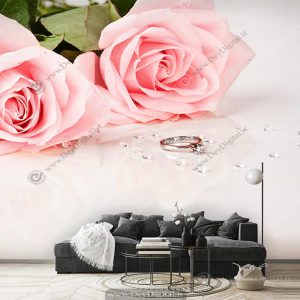 پوستر دیواری طرح شاخه گل رز صورتی و انگشتر حلقه نگین دار برای محضر