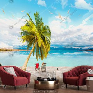پوستر دیواری ساحل دریای مدیترانه با تک درخت نخل