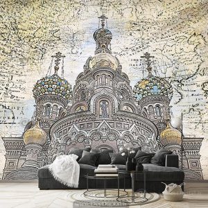 پوستر دیواری طراحی از یک ساختمان خاص با زمینه نقشه قاره ها برای آژانس مسافربری