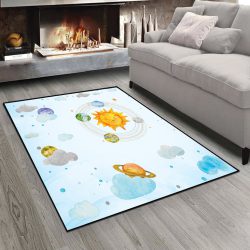 فرش چاپی طرح کودکانه خورشید و سیارات زمینه آبی