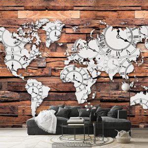 پوستر دیواری سه بعدی از تکسچر چبی که روی آن یک نقشه جهان سفید است
