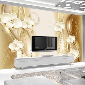 کاغذ دیواری سه بعدی گل های کرمی پشت تی وی