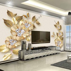 کاغذ دیواری سه بعدی گل های نگینی طلایی
