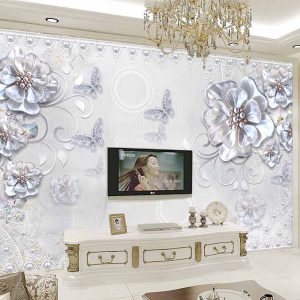 کاغذ دیواری سه بعدی گل های ابی و پروانه ها
