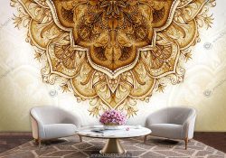 پوستر دیواری گل شمسه سنتی طلایی با زمینه روشن