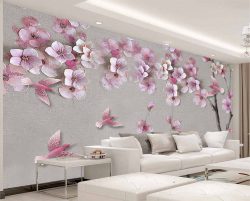 کاغذ دیواری سه بعدی گل های هنری با کبوترهای صورتی