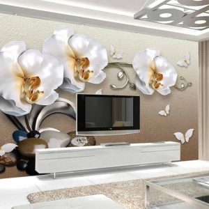 کاغذ دیواری سه بعدی گل های سفید و پروانه ها