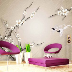 کاغذ دیواری سه بعدی طرح شکوفه های سفید روی شاخه