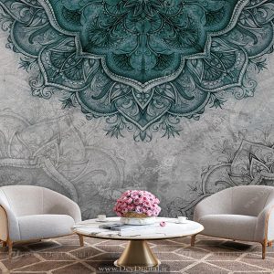 پوستر دیواری سرح سنتی گل شمسه فیروزه ای با زمینه طوسی