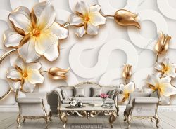 پوستر دیواری سه بعدی گل سفید طلایی BA-1320