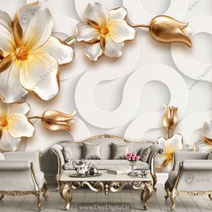 پوستر دیواری سه بعدی گل سفید طلایی BA-1320