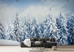 پوستر دیواری جنگل درختان کاج در فصل زمستان