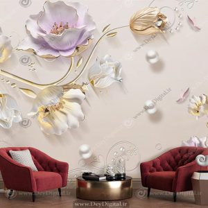 خرید پوستر دیواری گل طلایی و مروارید