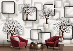 پوستر دیواری مدل سه بعدی مدرن با فرم هندسی و درخت برای پشت تلویزیون