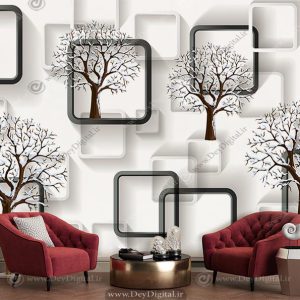 پوستر دیواری مدل سه بعدی مدرن با فرم هندسی و درخت برای پشت تلویزیون
