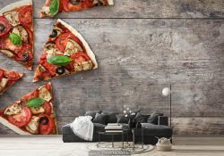 کاغذ دیواری طرح تکه های پیتزا روی چوب