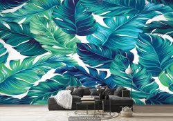 پوستر دیواری طرح برگ های هاوایی رنگ سبز آبی با زمینه سفید