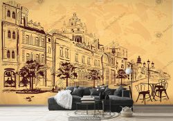 پوستر دیواری طراحی خطی از یک شهر با زمینه نارنجی