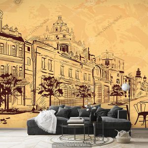 پوستر دیواری طراحی خطی از یک شهر با زمینه نارنجی