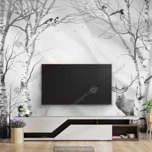 پوستر دیواری درختان خشک فصل زمستان با زاغ های که رو شاخه نشسته اند