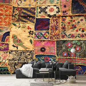 پوستر دیواری طرح تکه دوزی سنتی با نقوش هندسی و اسلیمی