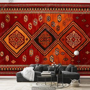 پوستر دیواری طرح گلیم فرش با نقوش هندسی و اسلیمی قرمز