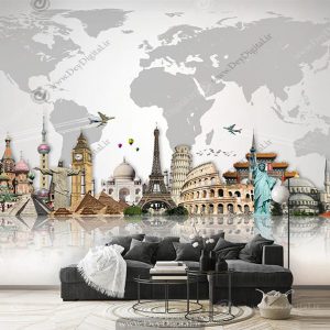 پوستر دیواری آژانس مسافربری و هواپیمایی طرح نقشه و اماکن مشهور دنبا