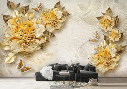 پوستر دیواری گل بزرگ طلایی با زمینه ساده و پروانه های طلایی