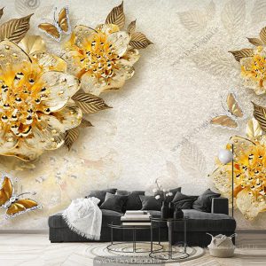 پوستر دیواری گل بزرگ طلایی با زمینه ساده و پروانه های طلایی