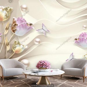پوستر دیواری شیک منزل طرح گل سه بعدی طلایی و یاسی برای پشت تلویزیون
