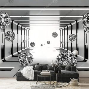 پوستر دیواری تونل نقره ای و سیاه با گوی های نقره ای