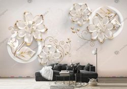 خرید پوستر دیواری گل سفید با دور طلایی