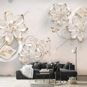 خرید پوستر دیواری گل سفید با دور طلایی