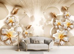 پوستر دیواری سه بعدی گل سفید طلایی BA-2302