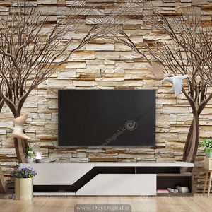 پوستر دیواری پشت تی وی طرح آجر هلندی و شاخه درخت